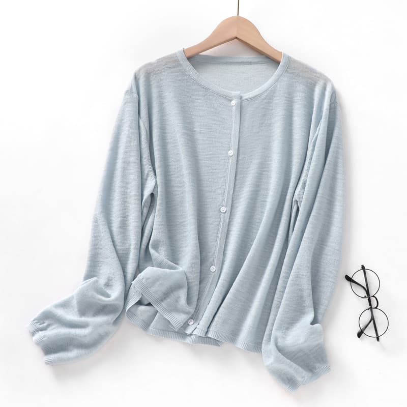 Bamboo Joint Linen Knit Cardigan for Women, Round Neck, Thin Outerwear, Summer Long Sleeve, Stylish Sun Protection Air Conditioning Cover