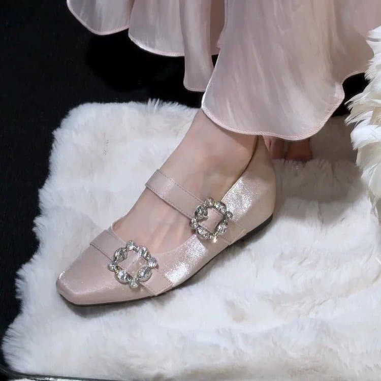 French Elegant Rhinestone Square Buckle Mary Jane Shoes for Women 2026 Summer New Gentle Flat Nude Shoes with Skirts
