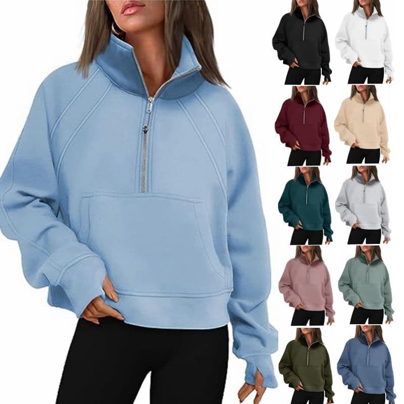 2025 European and American foreign trade cross-border women's clothing lulu yoga wear half-zip short stand-up collar thumb hole velvet sweatshirt