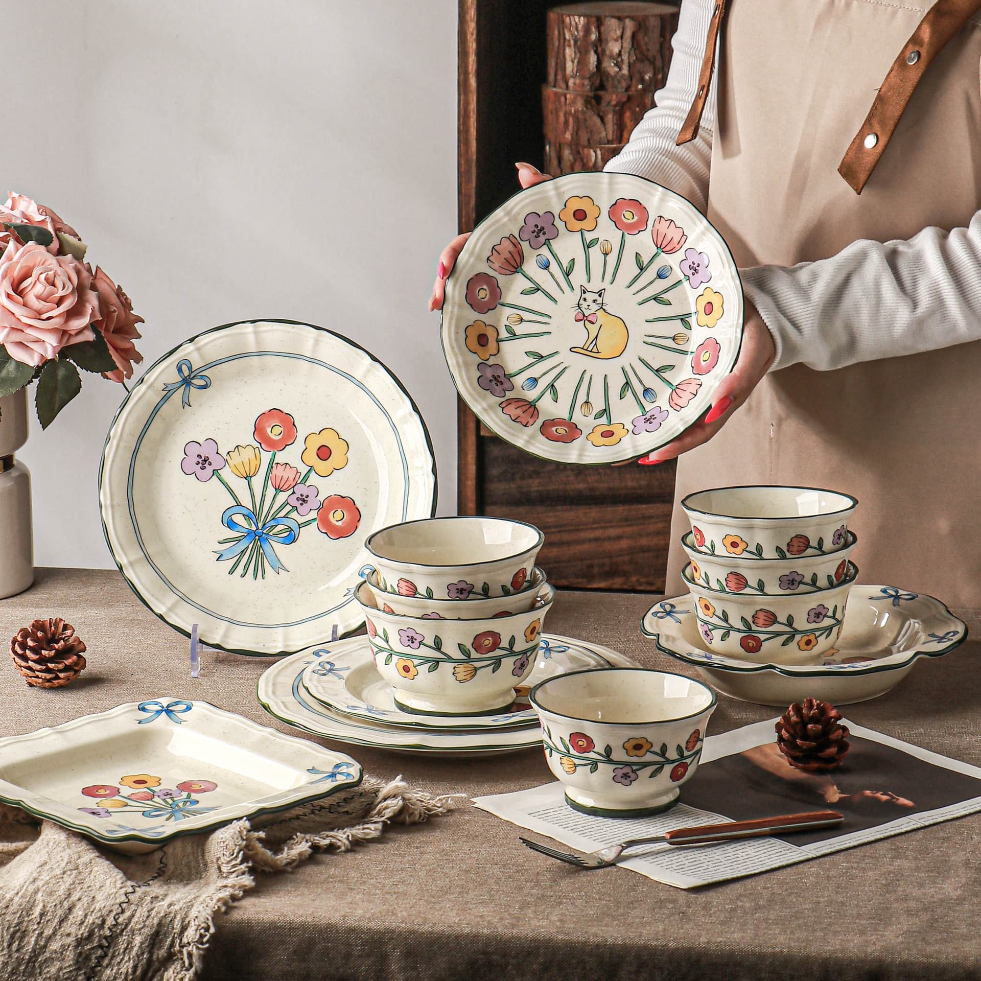 New Floral Collection French Tableware Home Set, Underglaze Color Lace Relief Rice Bowl, Plate, Dish, Small Plate
