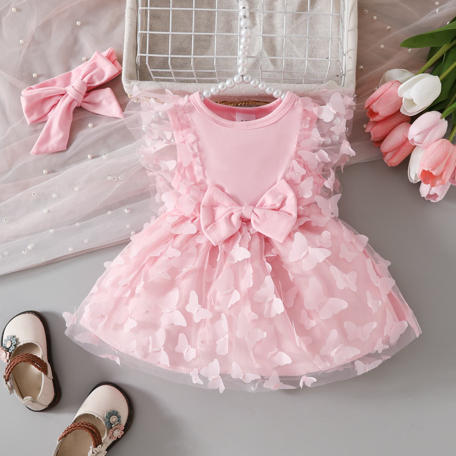 Amazon New Baby & Toddler Dress Butterfly Embroidered Mesh Knit Sleeveless Jumpsuit Puffy Princess Dress Summer