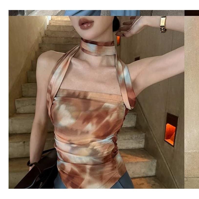 French Vintage Tie-Dye Print Strapless Tube Top, Chic Short Wrap Top, Vacation Style Women's Spring/Summer
