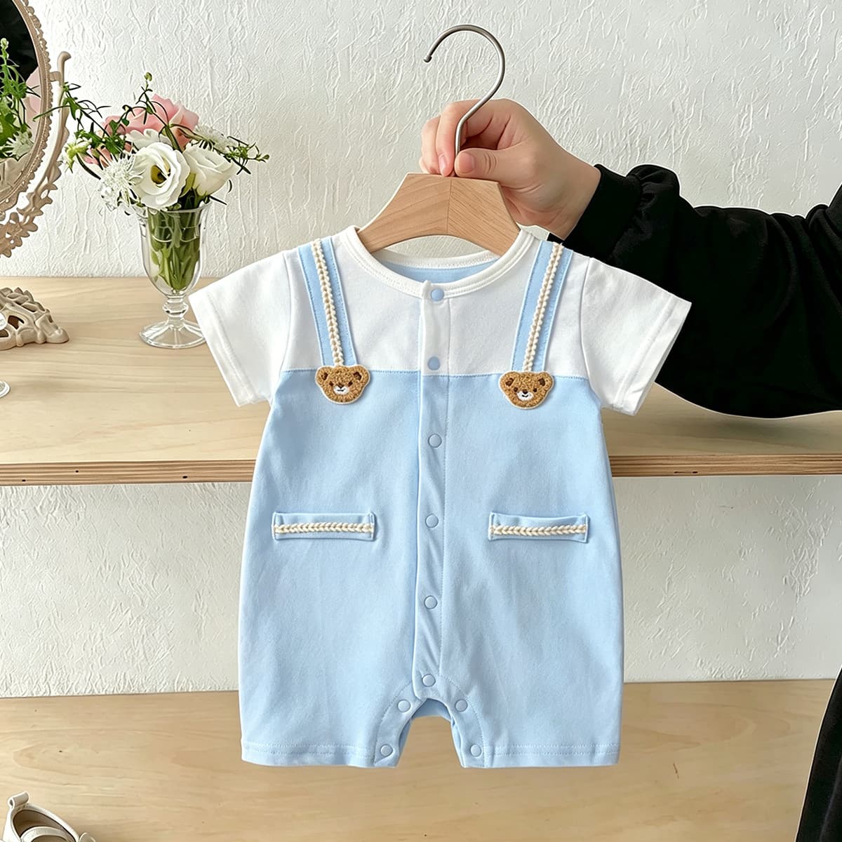 Baby Boy Summer Fake Two-Piece Onesie Cartoon Bear Suspenders Short Sleeve Romper Baby Thin Bodysuit Manufacturer Wholesale