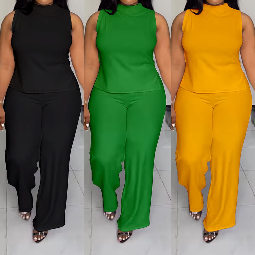 2024 Summer New European and American Plus Size Women's Solid Color Casual Sleeveless Pants Set