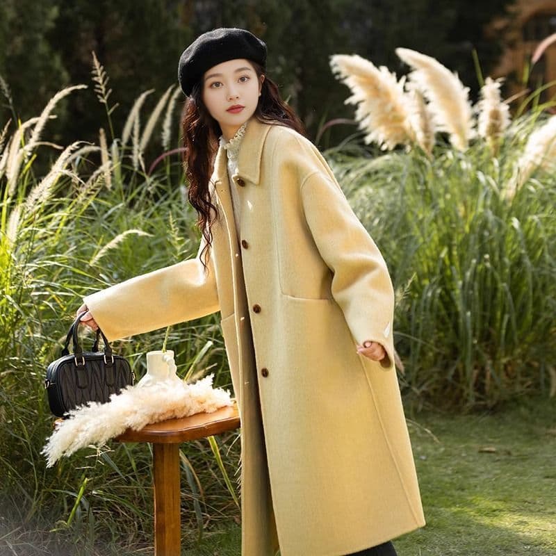 2025 Fashion Yellow Peter Pan Collar Double-Faced Wool Coat for Women, New Fall/Winter Korean Style Thick Mid-Length Wool Outerwear