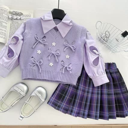 Girl's Knit Vest Shirt Plaid Skirt Three-piece Set 2025 Autumn New Princess Style Long-sleeve Set Skirt