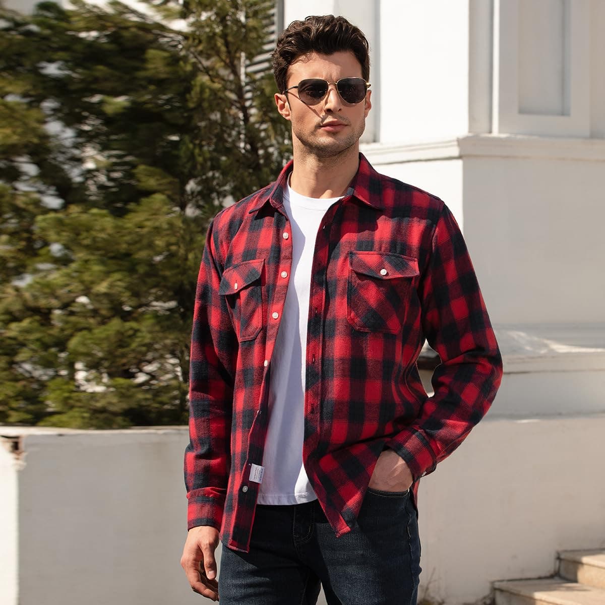 Cross-border Hot Selling Flannel Plaid Long Sleeve Shirt for Men with Double Pocket Flaps, Brushed Plaid Shirt Spring