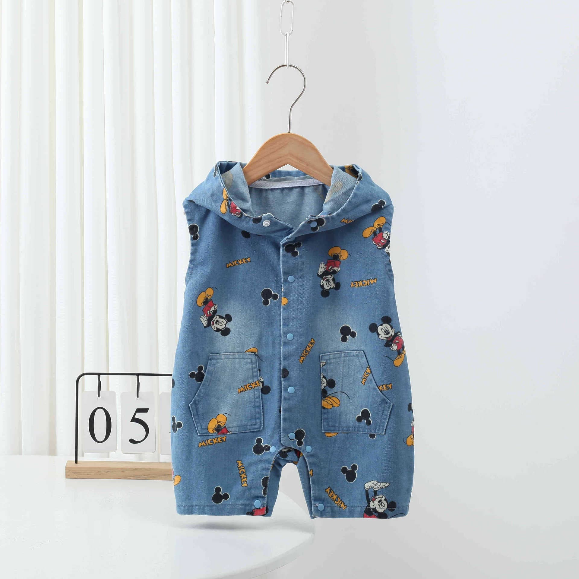Boys Summer New Cartoon Cute One-Piece for Baby Boys Sleeveless Short Romper Casual Versatile Bodysuit Denim Outfit