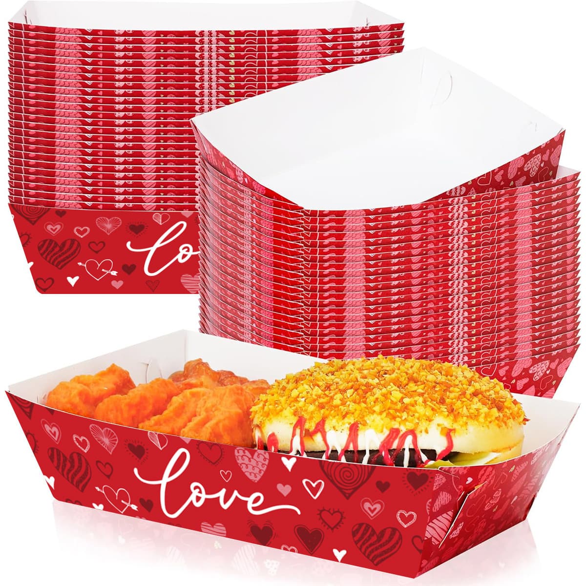 20 Pieces Valentine's Day Party Supplies Food Tray Valentine's Day Decoration Paper Disposable Pink Tray Love Paper