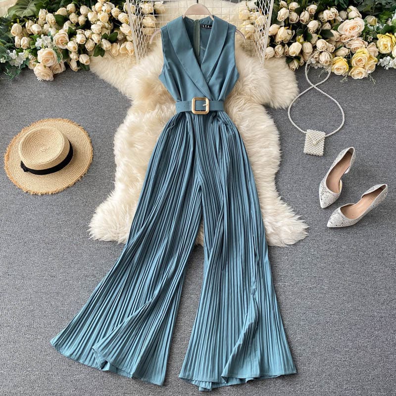 French Retro Waist-Slimming Elegant Professional Suit Collar Jumpsuit Fashion Flared Wide-Leg Jumpsuit Pants