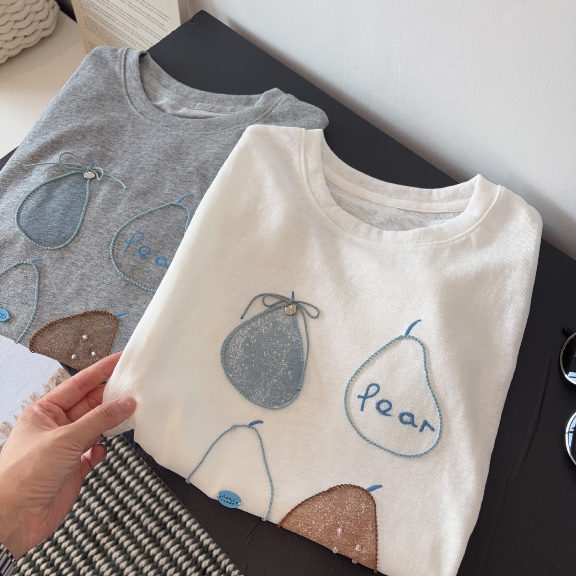 Embroidered Beaded Fruit Print Round Neck Short-Sleeved T-Shirt for Women 26th Summer Korean Style Loose Casual Versatile Top