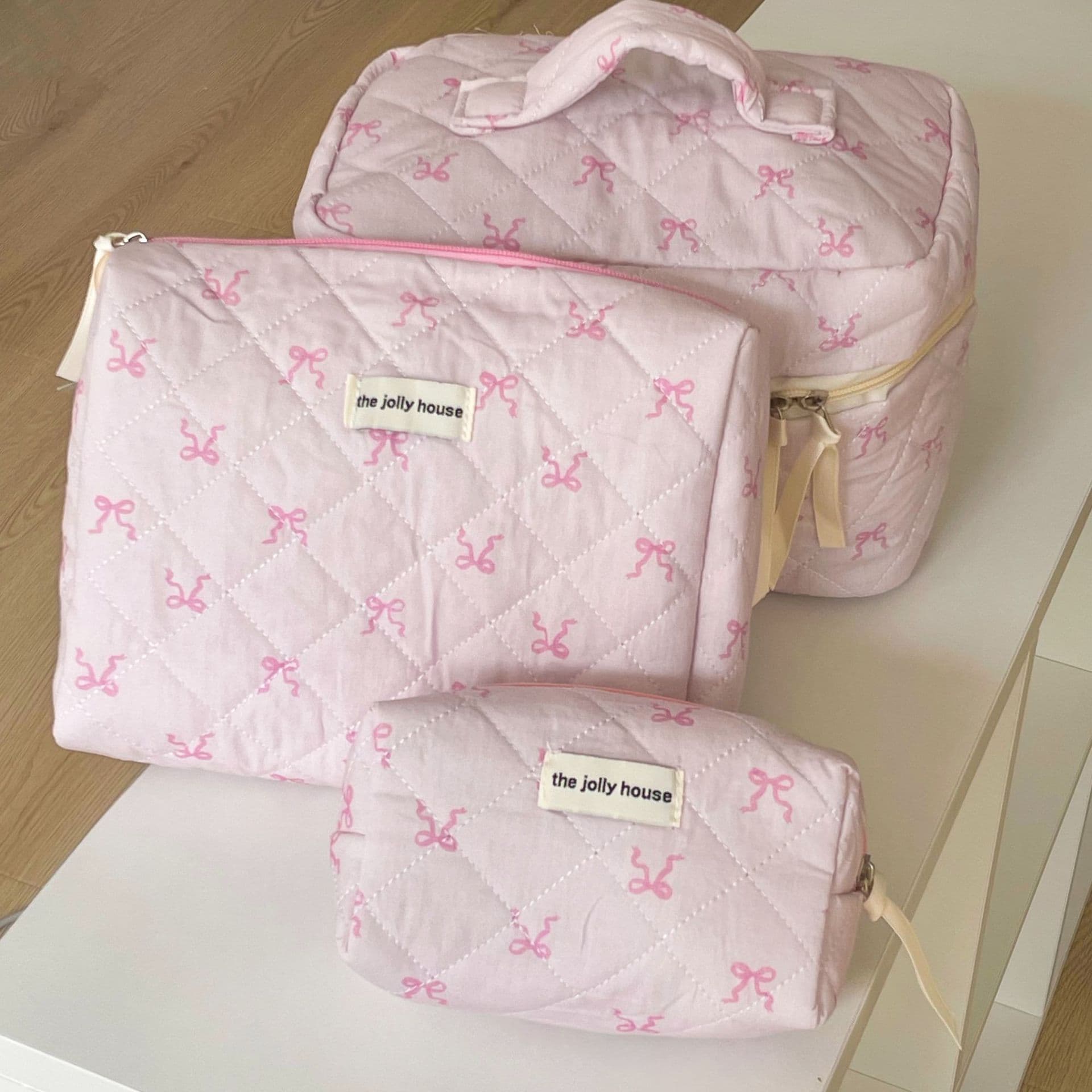 Pink Ribbon Bow Makeup Bag, Korean Style High-Aesthetic Sweet Wash Bag, Octagonal Quilted Bag