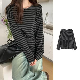 Jiangyi Cross-Border Black-Gray Stripe Crew Neck Long Sleeve T-Shirt for Women 2025 Early Autumn New Commuter Style Loose Base Layer
