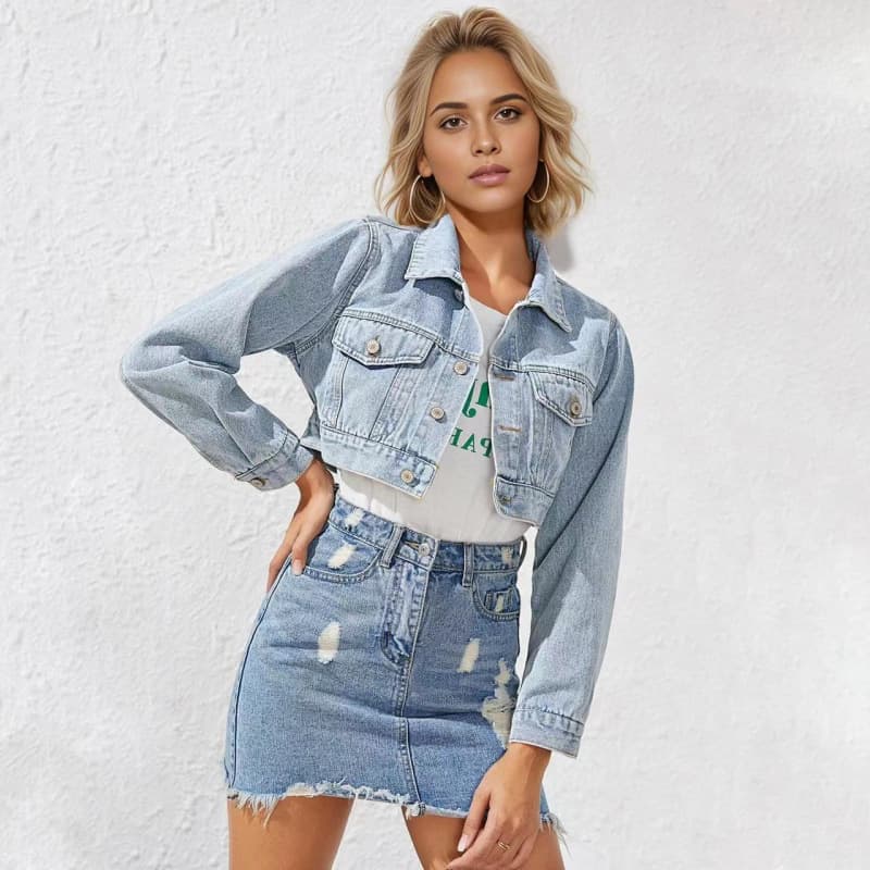 Amazon Shein Women's Fashion Turn-down Collar Cropped Denim Jacket for Cross-border Trade