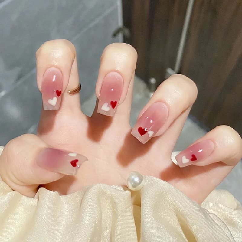 High-end Finished Products Wholesale Nail Stickers Wearable Ballet Nails Pink Translucent Heart Gradient