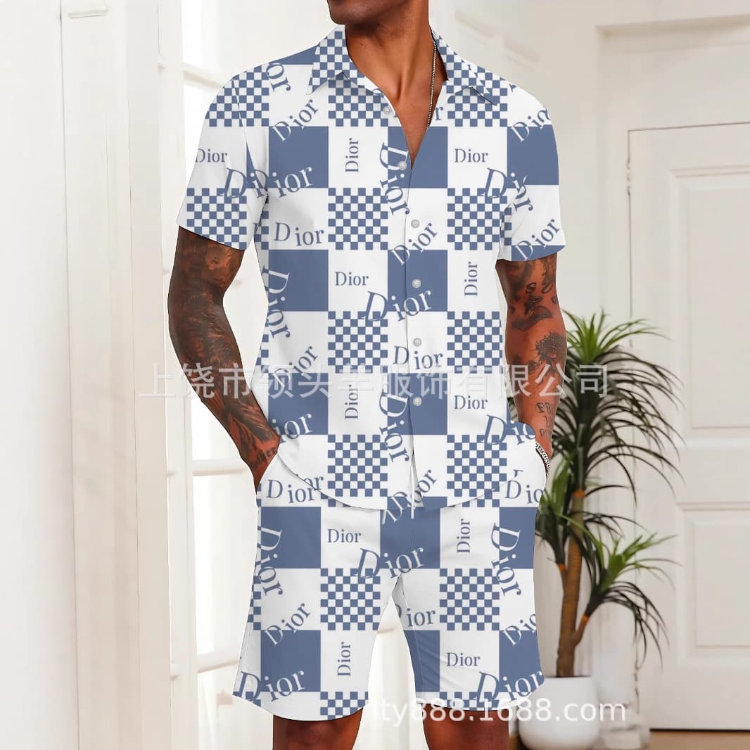 25 New Summer Dior Full-Print Cd Short-Sleeve Shirt Casual Shorts Shirt Sports Unisex Trendy Set