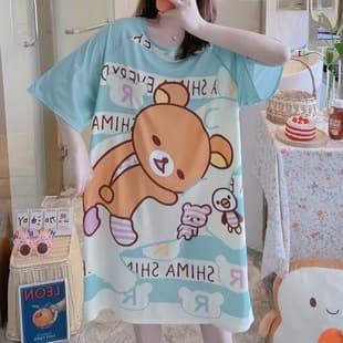 [Cross-Border] Lazy Style Plus Size Women's Sleep Dress, Short Sleeve, Loose Round Neck, Cute Cartoon Print Homewear, Wearable Outside