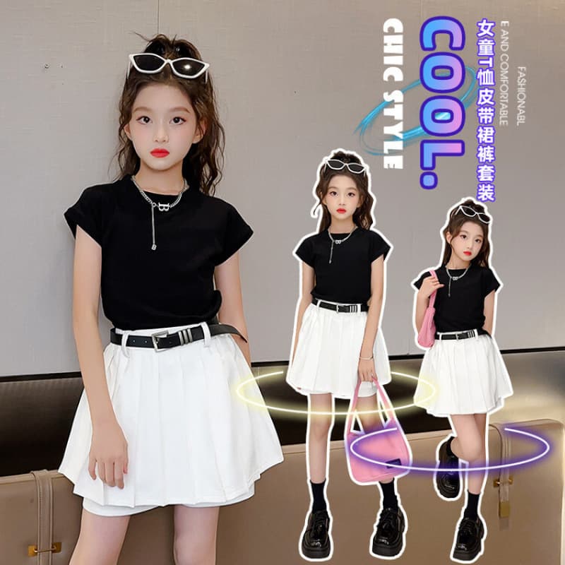 Girls' Summer Pleated Skirt Set 2025 New Fashionable and Stylish Short-Sleeved Dress Two-Piece Set for Big Kids