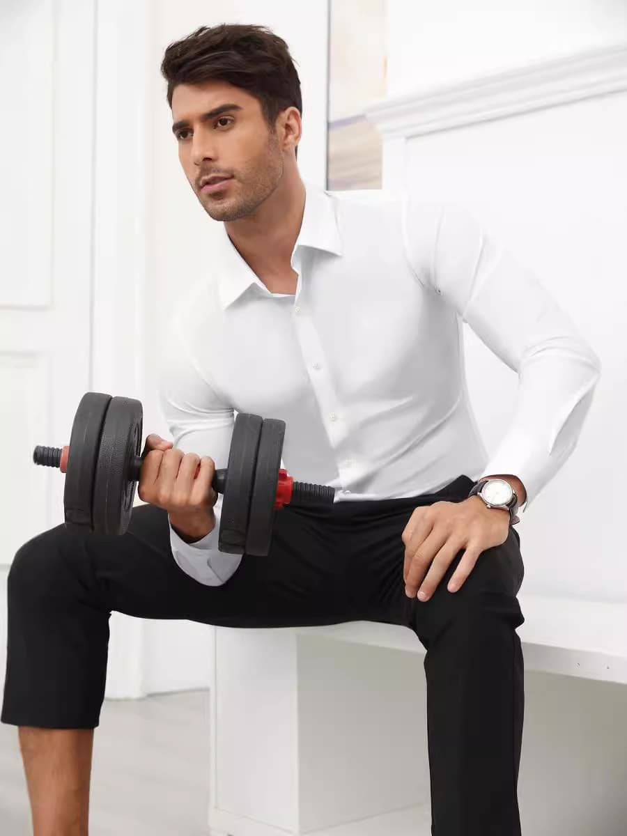 Spring Autumn Plus Size Four-Way Stretch Shirt Men's Long Sleeve Wrinkle-Free Workwear Business Casual Premium White Dress Shirt
