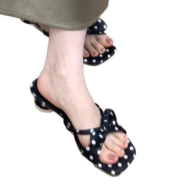 Vintage Black and White Polka Dot Bow Sandals for Women 2026 Spring New Style French Square Toe Chunky Heel Slippers