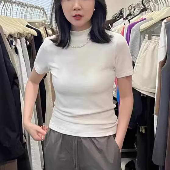 Women's Small Stand Collar Short Sleeve Summer Solid Color Slim Fit Base Layer Casual T-Shirt Thin High Stretch Inner Top