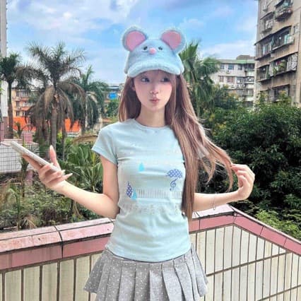 Dopamine Hot Girl Outfit Fresh Gothic Style Music Note Print Short Sleeve Top Korean Style Ins T-Shirt Women's New