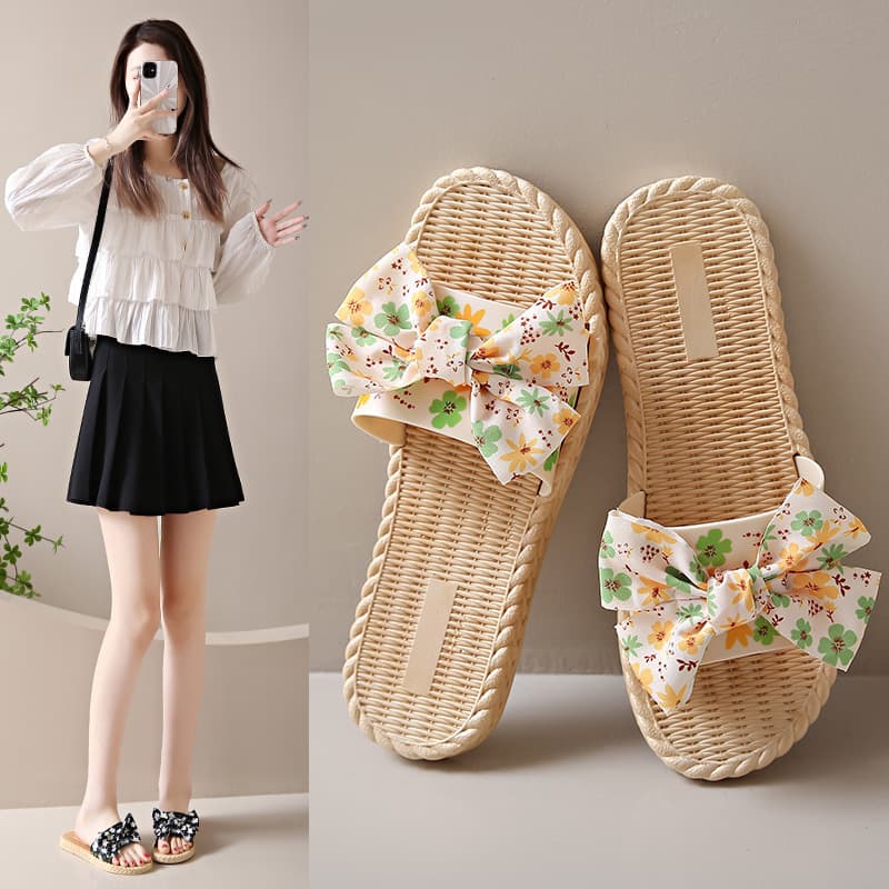 E-Commerce Cross-Border Dropshipping Bow Slippers for Women Summer Outer Wear Women's Beach Shoes Flat Non-Slip Cool Slippers