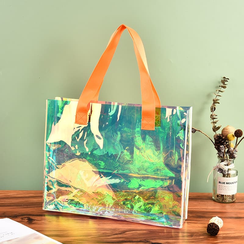 Holographic PVC Tote Shopping Bag Laser Iridescent Handbag Gift Bag Shoulder PVC Colorful Bag Custom Logo Available In Stock