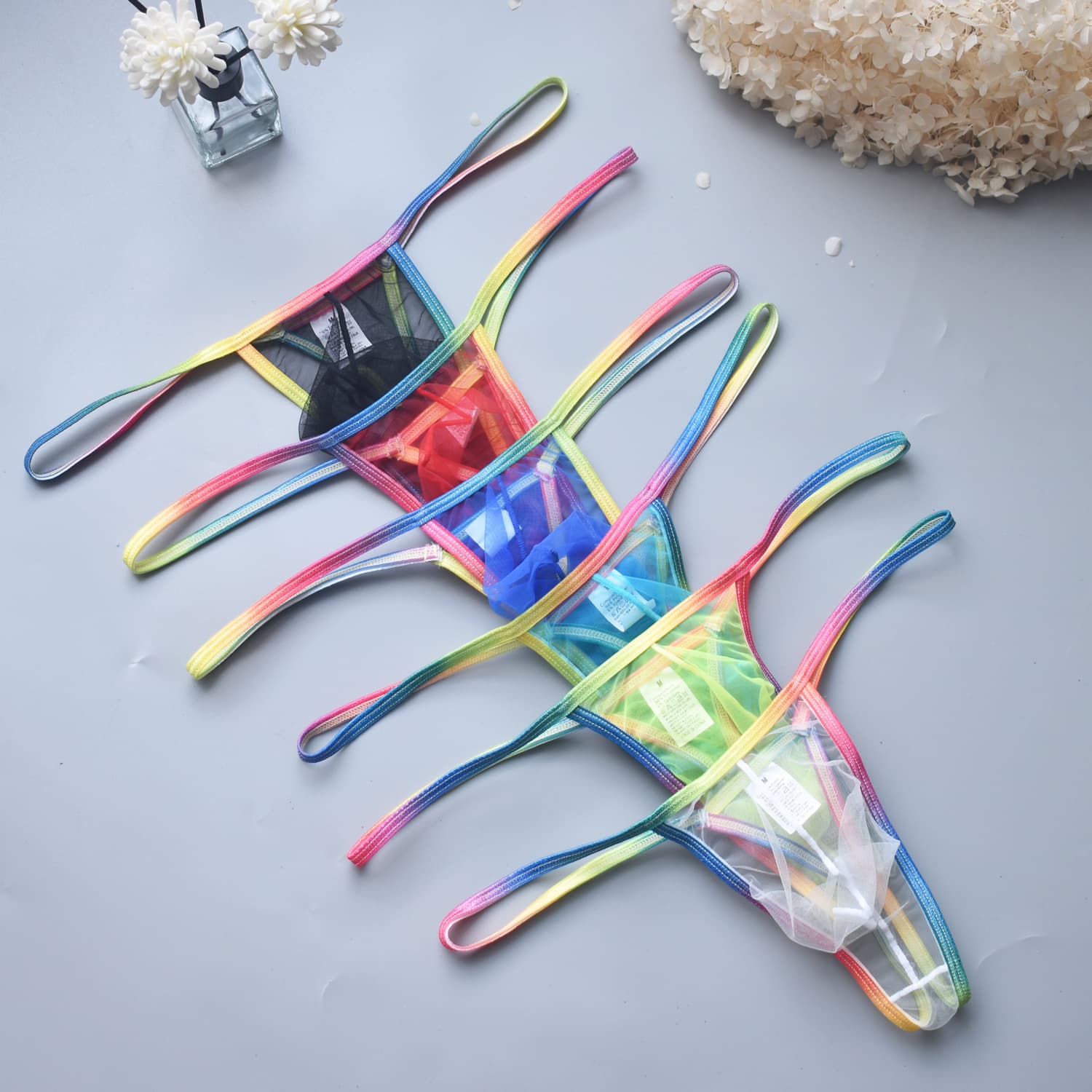 Passionate Men's Thong Colorful Trim Low Waist Transparent Pouch Sexy Elastic Underwear B901