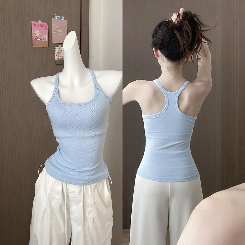 Summer Necklace Strap Camisole Top for Women with Built-in Pads, Sports Outerwear, Inner Layer, Yoga Backless, Back Beauty Top