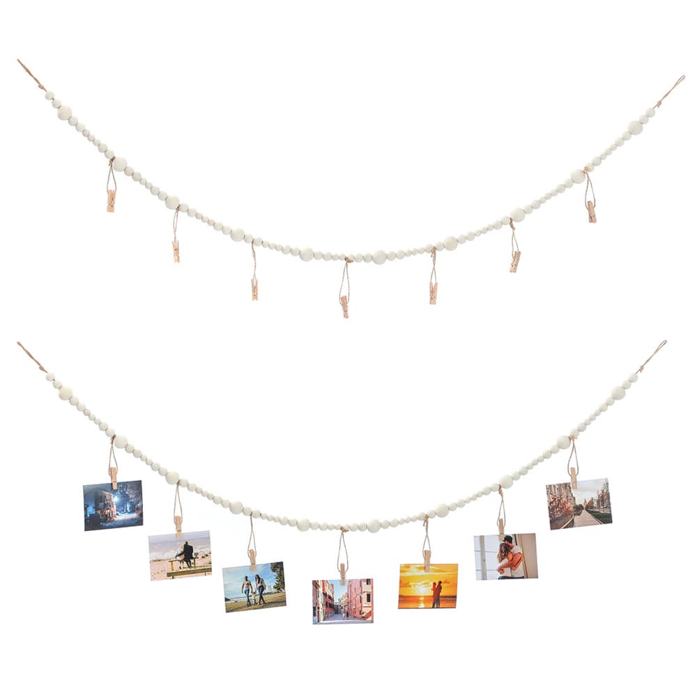Wood bead string hanging photo display in natural wood color, jute rope tassel wooden clips, photo storage decoration.