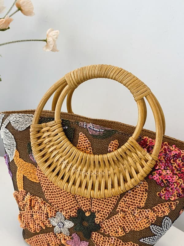 Cross-border sequin straw woven bag high-end niche embroidery bag elegant lady texture linen bamboo woven handbag
