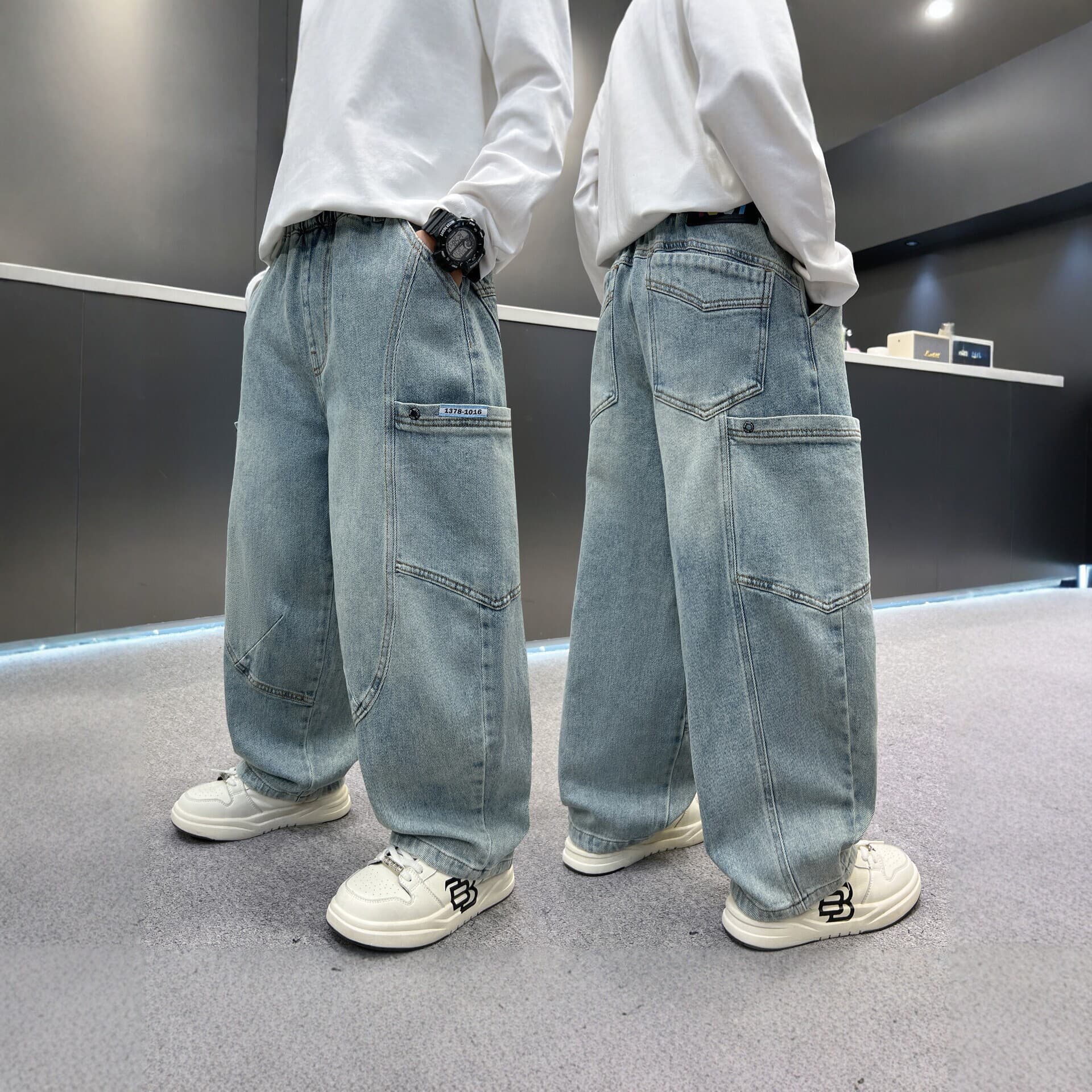 Boys' Loose Denim Cargo Pants Korean Style Wide-Leg Long Pants for Middle and Older Kids Spring/Autumn Washed Straight-Leg Pants Fall Wear