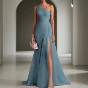 Cross-border Long Evening Dress European and American Style 2026 Summer Fashion Sexy Elegant One-Shoulder Slit Party Gown
