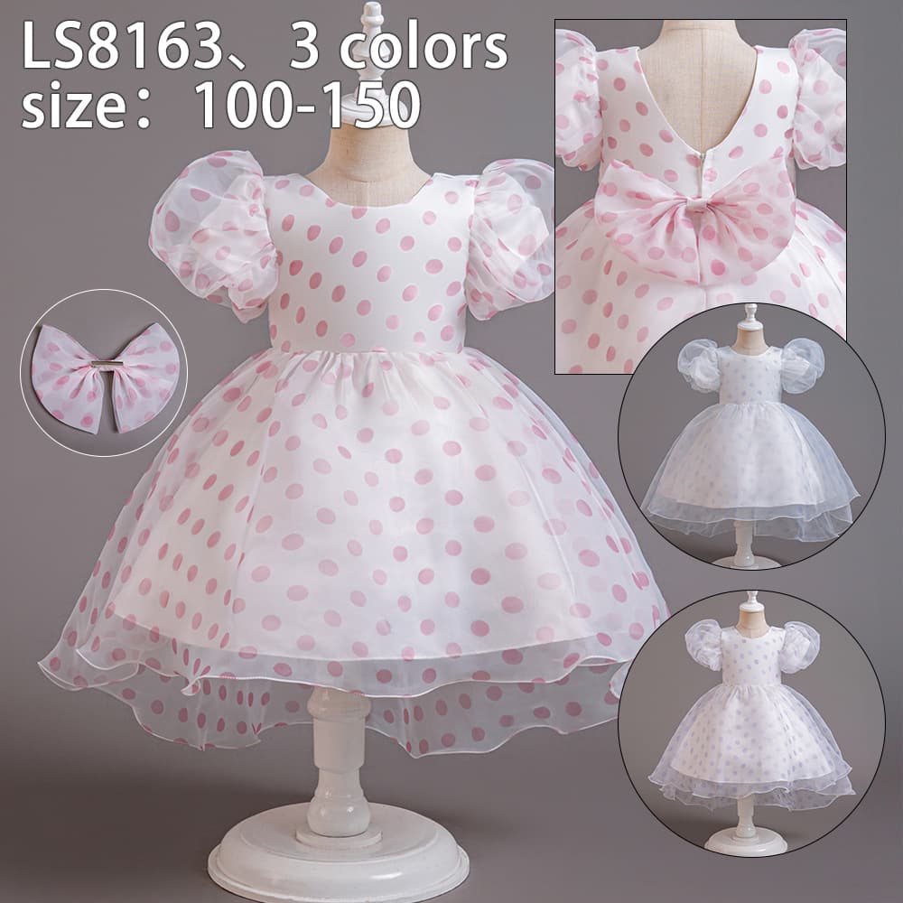 Cross-border European and American new girls' dress mesh polka dot princess dress children's puff sleeves trailing baby dress summer