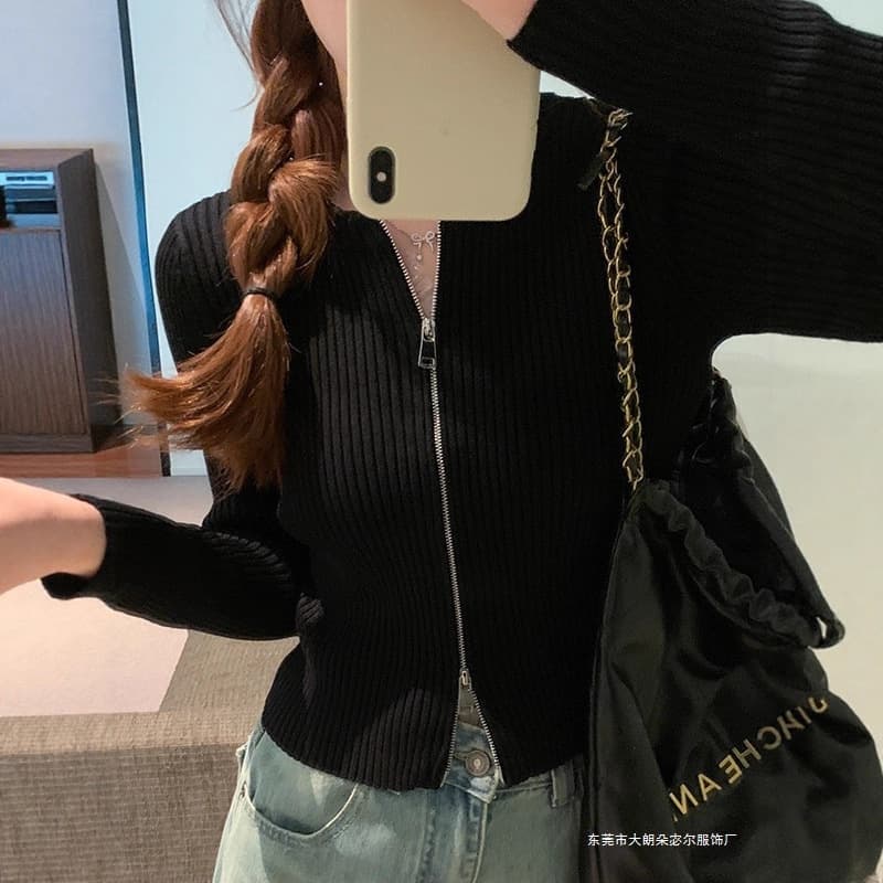 Spring and autumn new design niche slim double zipper knitted cardigan short long-sleeved top