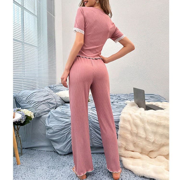 2026 New Home Turn-Down Collar Lace Pajamas for Women Bowknot Long Sleeve Pants Two-Piece Set Cross-Border