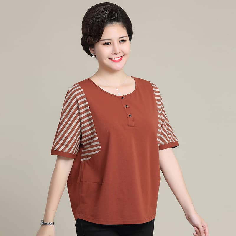 Mother's Short Sleeve Cotton T-Shirt Striped Top for Middle-Aged Women 40s 50s Plus Size Summer Casual