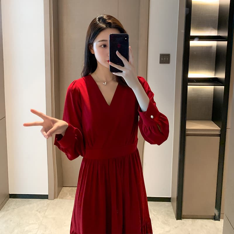 Red Dress for Women Spring New Arrival Concealing Belly Slimming Engagement Toast Dress French Plus Size Long Dress for Curvy Women