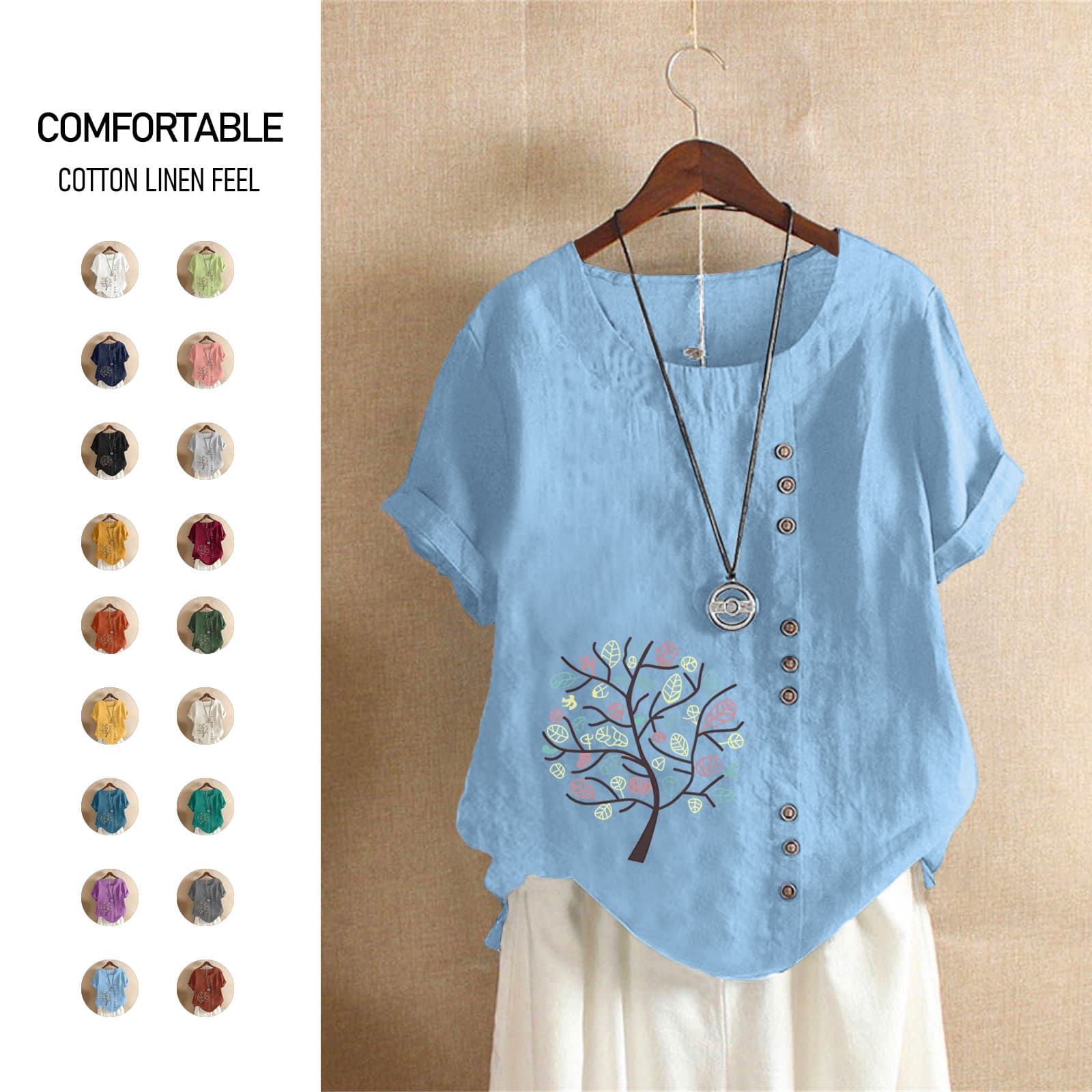 Size 26 EU Cross-Border Summer Retro Loose Cotton-Linen Short-Sleeve Pullover T-Shirt Plus Size Women's Clothing Happy Tree 3