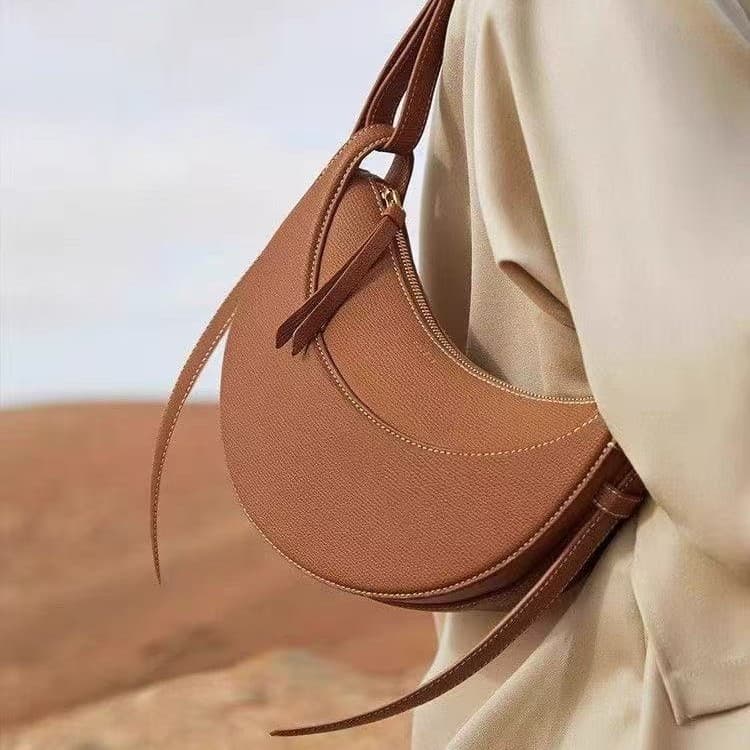 French Polene Crescent Niche Design Crossbody Bag Women Genuine Leather Underarm Pebbled Saddle Bag European American Style
