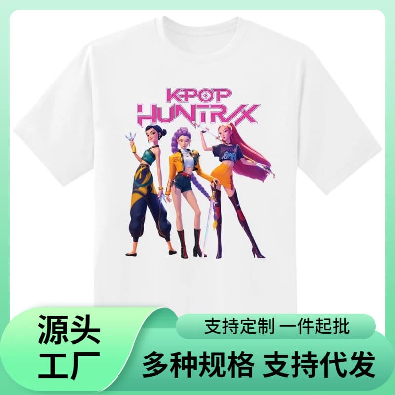 European Size Cotton T-Shirt | Cross-border European Size Kpop Devil Hunter Saja Printed T-Shirt for Girls | Kids Anime Christmas
