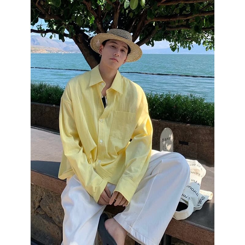 Cream Yellow Shirt Men's Summer Beach Vacation Travel Outfit Sun Protection Shirt American Dopamine Couple Jacket