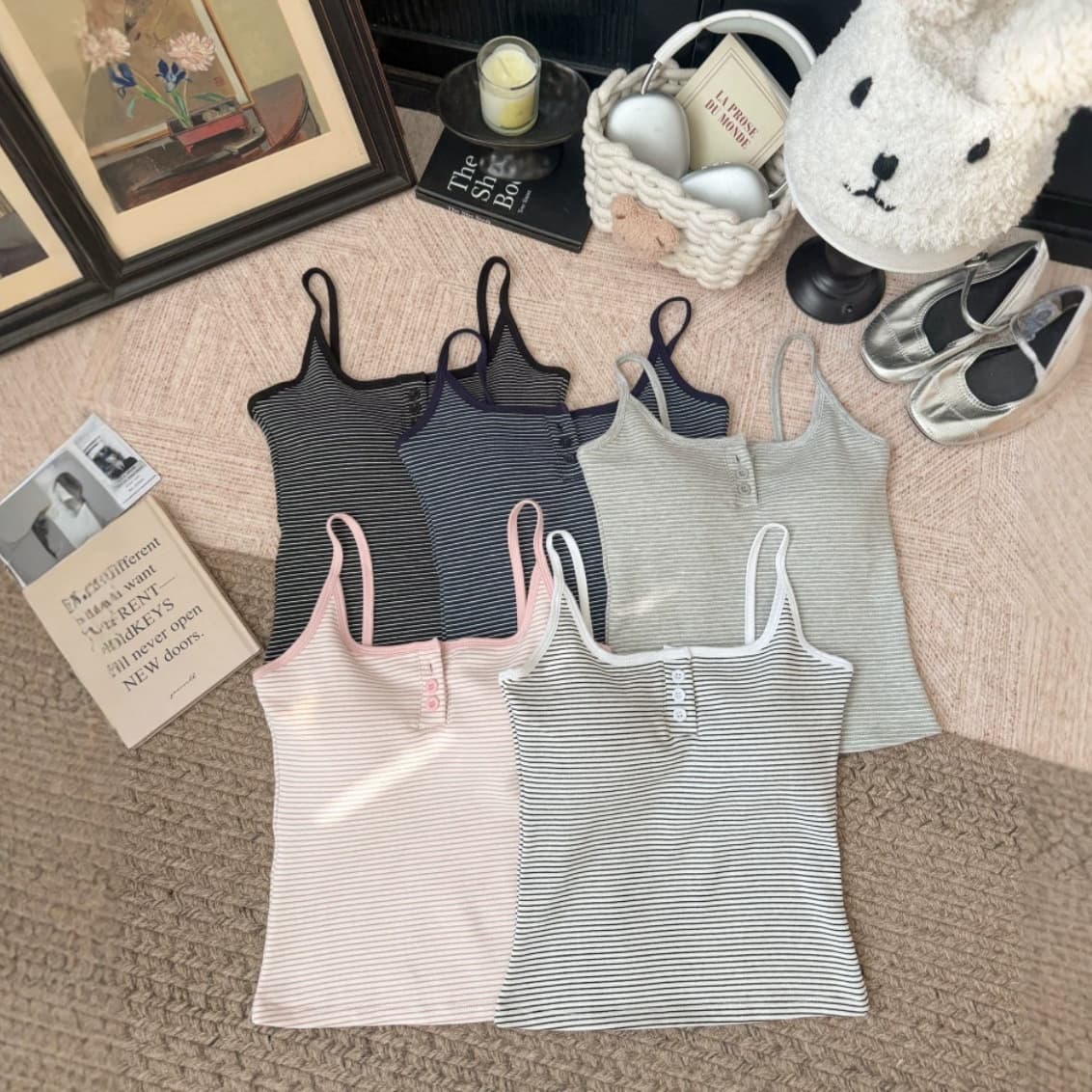 New Summer Striped Camisole Top for Women, Sexy Layering Vest with Padded Bra, Button Design, Slimming Base Top