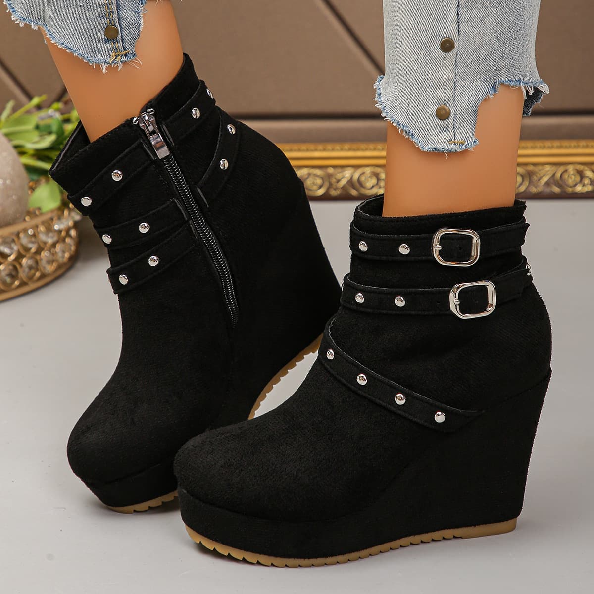 Cross-border Large Size Autumn and Winter Wedge Women's Boots Thick Sole Flats High Heel Deep Mouth Flats Women's Straw Rope Sole Foreign Trade Women's Shoes