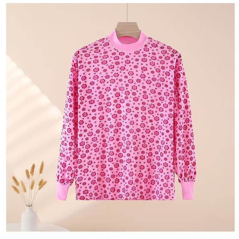 Middle-Aged and Elderly Polyester-Cotton Blend Thermal Top Single Shirt, Loose Mid-to-High Neck Autumn/Winter Cotton Sweater Mother's Shirt