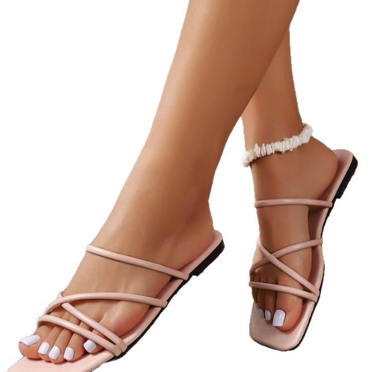 2025 Summer Open-Toe Flat One-Strap Sandals for Women, Thin Strap Vacation Beach Sandals, Flat Casual Slippers for Women