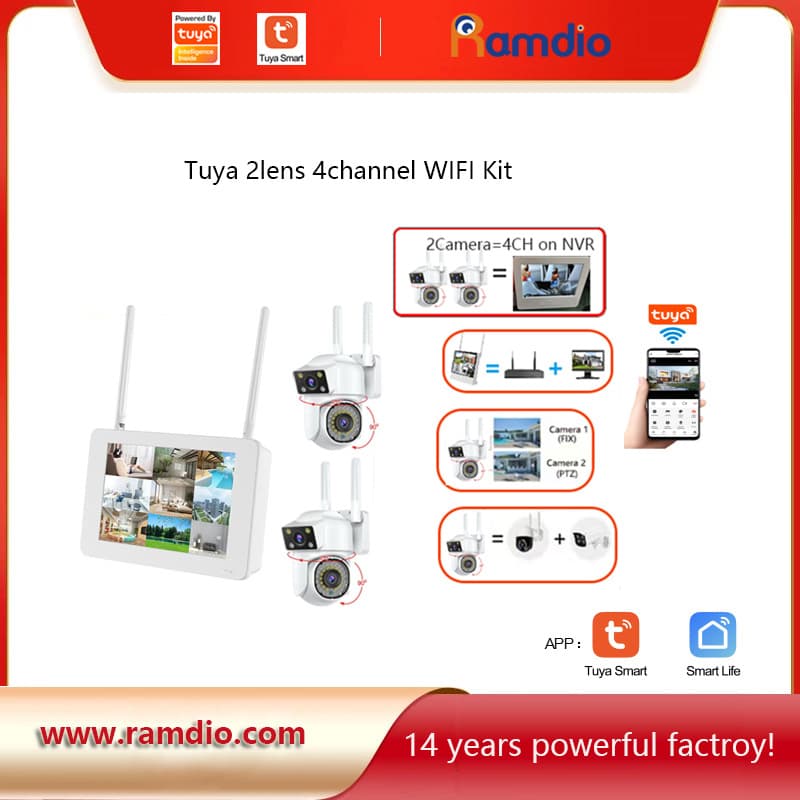 Tuya 10.1 inch Monitor WIFI NVR KIT 4CH Bullet PTZ Tuya Dual Lens Wireless Screen Kit