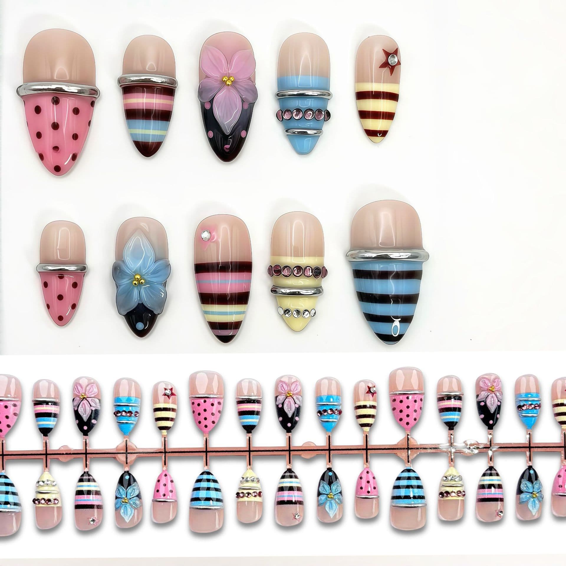 Y2K Millennium Stripe Polka Dot 3D Gold Wearable Nails Ultra-Short Almond Cross-Border Ins Foreign Trade Nail Tips