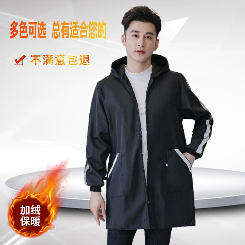 Waterproof Fleece-Lined Hooded Long Overcoat: Warm, Stain-Resistant Work Uniform with Apron for Labor Protection